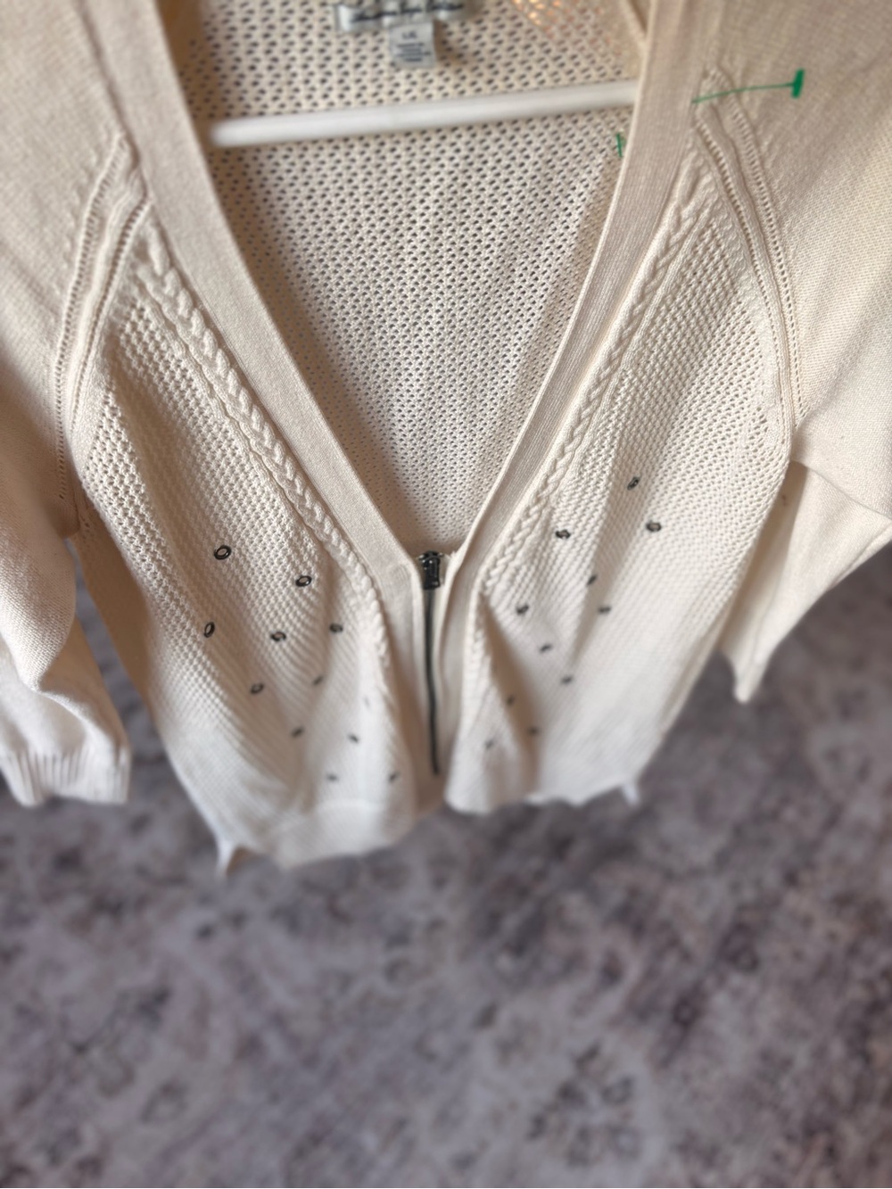 American Eagle Outfitters Cream V-Neck Zip Cardigan with Subtle Embellishments